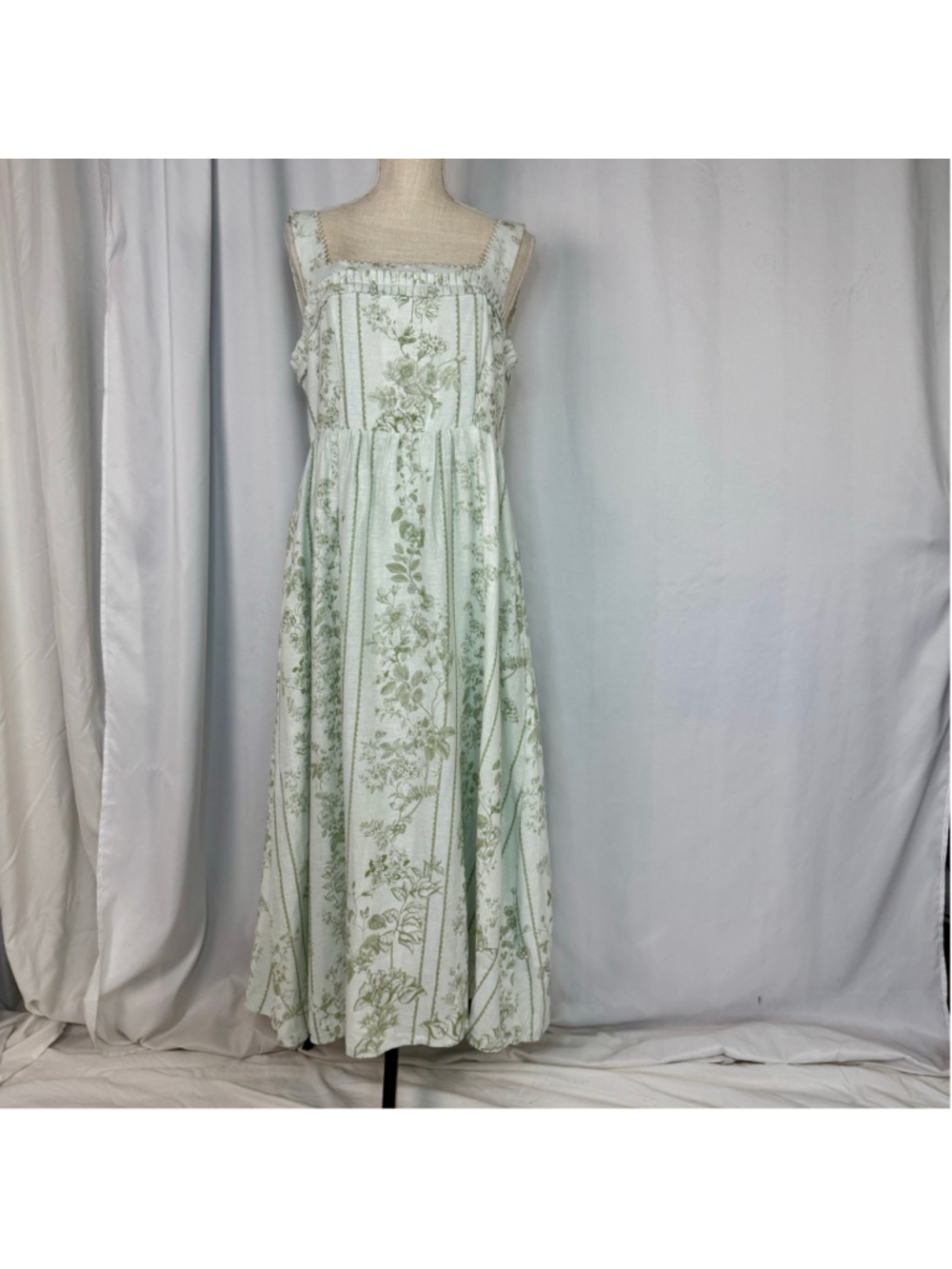 NWT New Caroline Constas Babydoll Floral Midi Dress M Green Linen Cottagecore